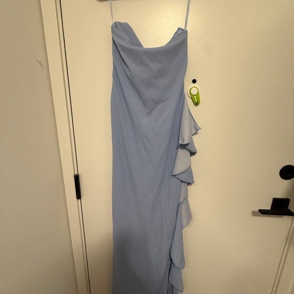 Sleeveless Strapless Sexy Ruched High Slit Ruffled Tie Wrap Long Baby Blue Dress - Picture 3 of 4